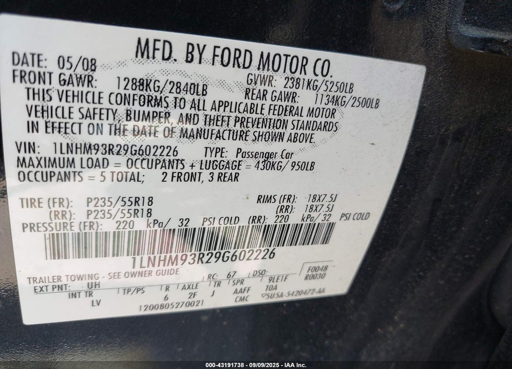 2009 LINCOLN MKS VIN: 1LNHM93R29G602226