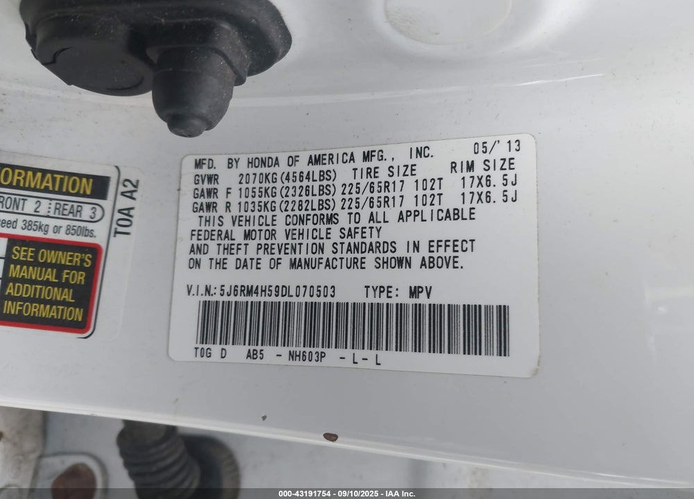 2013 HONDA CR-V VIN: 5J6RM4H59DL070503