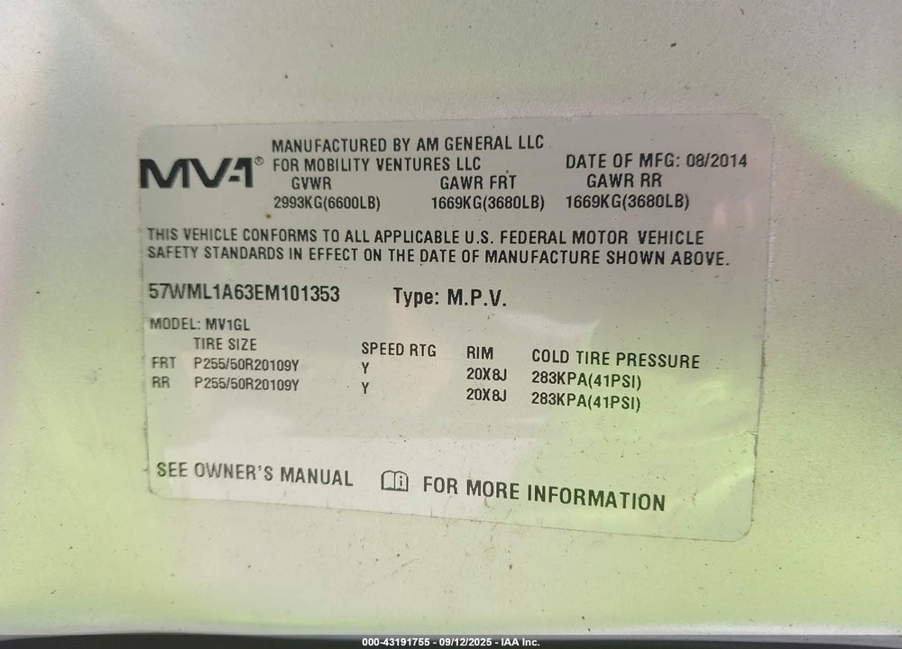 2014 MOBILITY VENTURES MV-1 VIN: 57WML1A63EM101353
