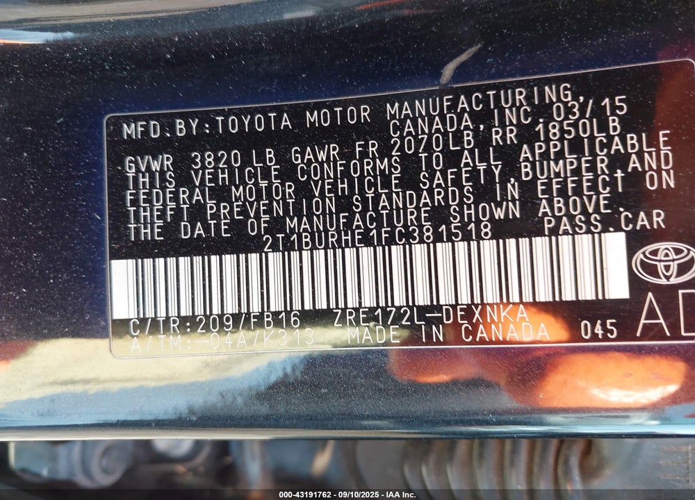 2015 TOYOTA COROLLA VIN: 2T1BURHE1FC381518