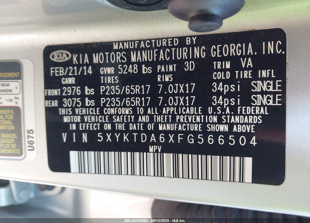 2015 KIA SORENTO VIN: 5XYKTDA6XFG566504