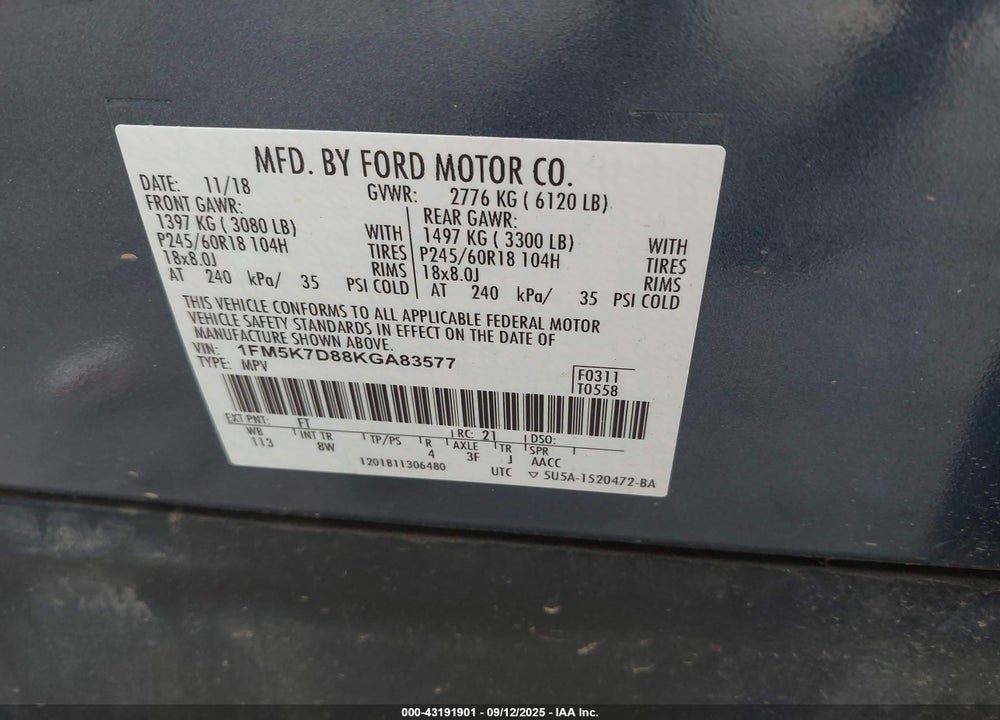 2019 FORD EXPLORER VIN: 1FM5K7D88KGA83577