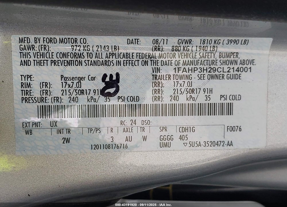 2012 FORD FOCUS SEL VIN: 1FAHP3H29CL214001