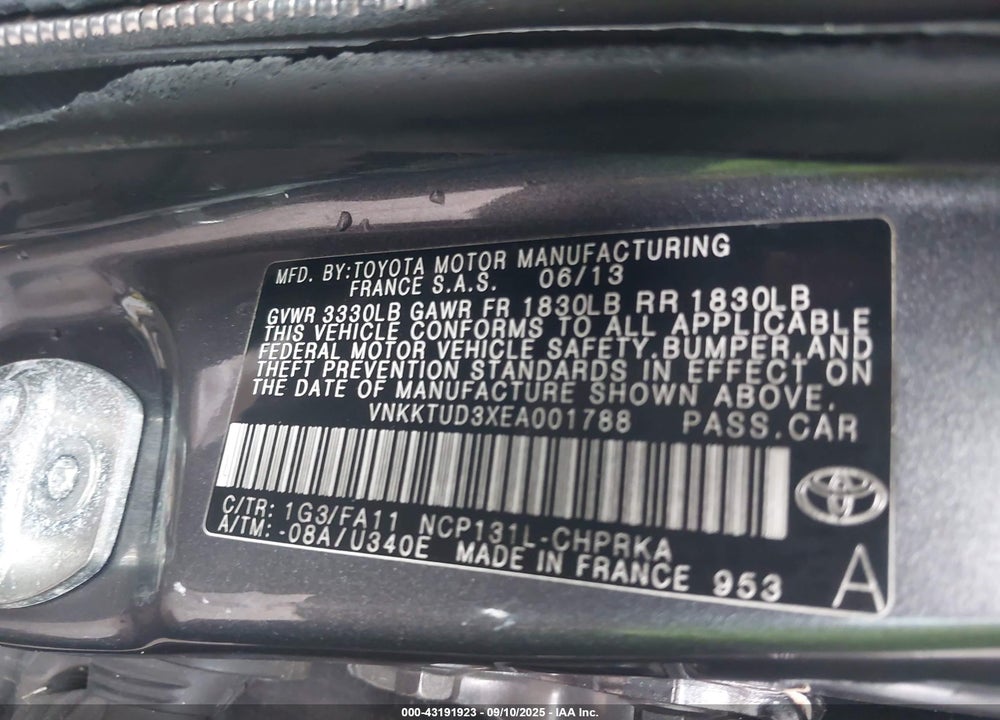 2014 TOYOTA YARIS VIN: VNKKTUD3XEA001788