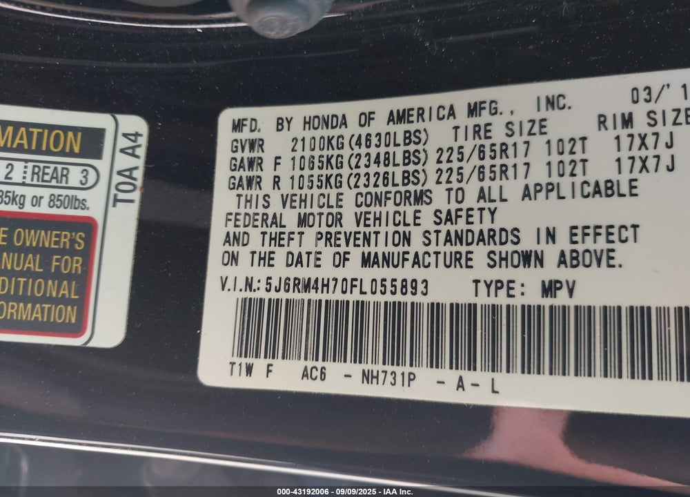 2015 HONDA CR-V EX-L VIN: 5J6RM4H70FL055893