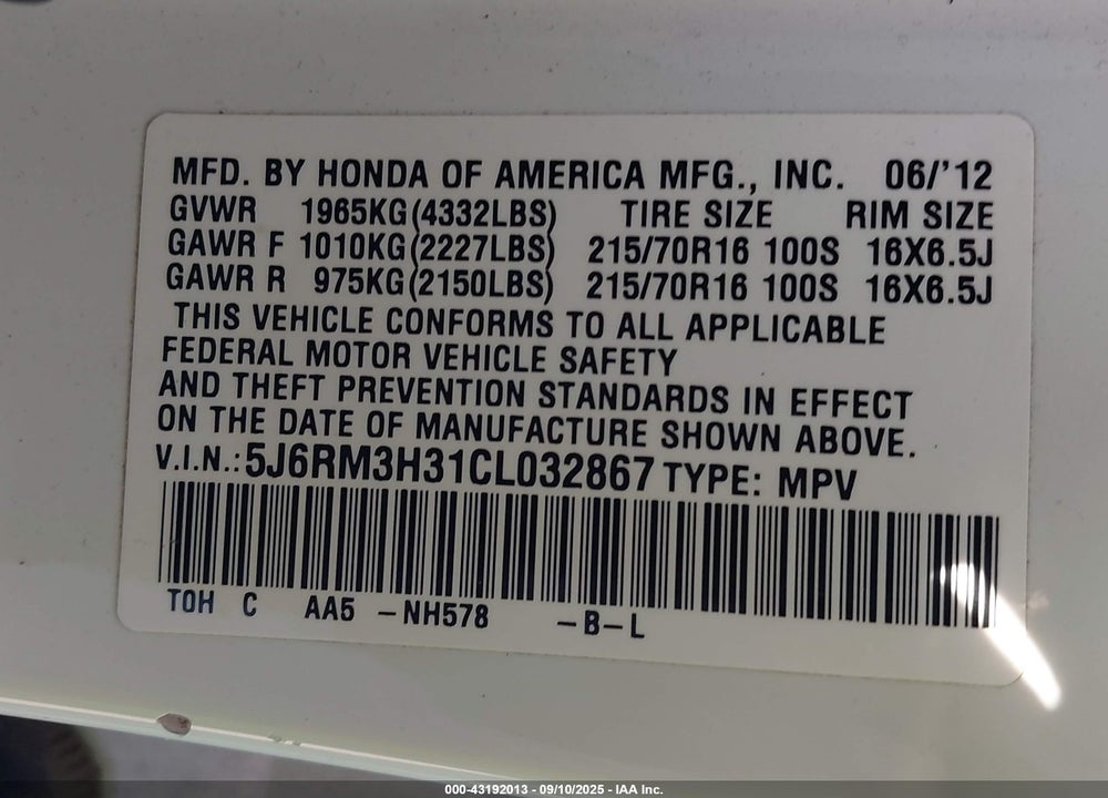 2012 HONDA CR-V LX VIN: 5J6RM3H31CL032867