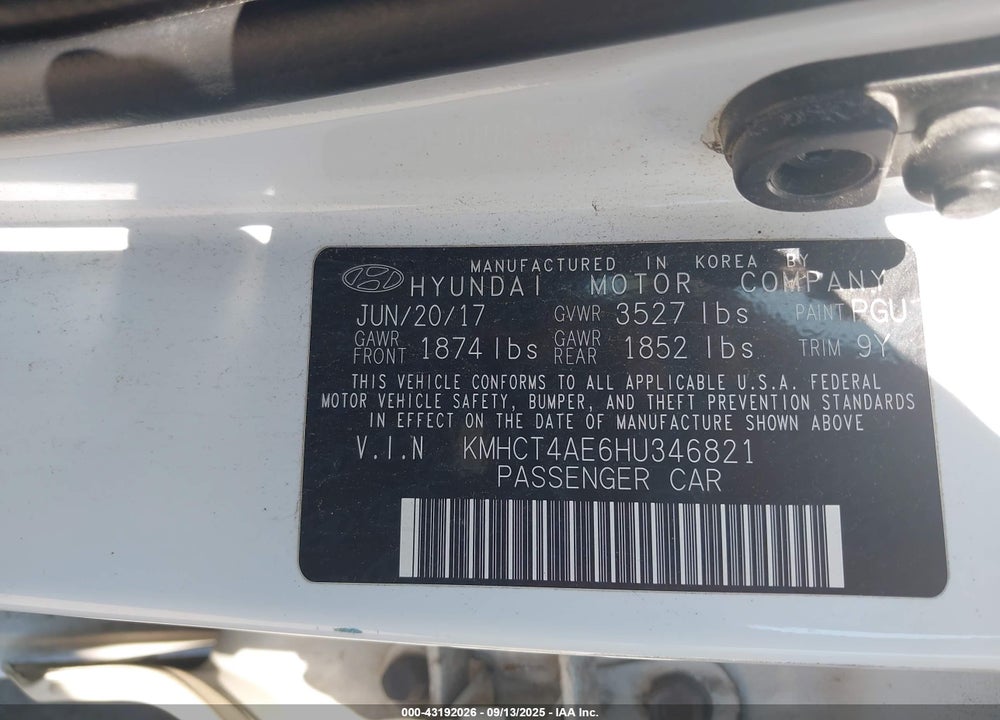 2017 HYUNDAI ACCENT VIN: KMHCT4AE6HU346821