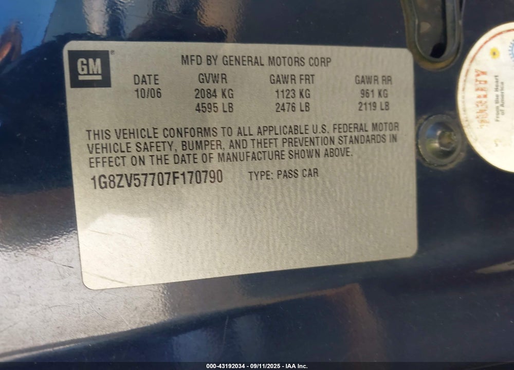 2007 SATURN AURA XR VIN: 1G8ZV57707F170790