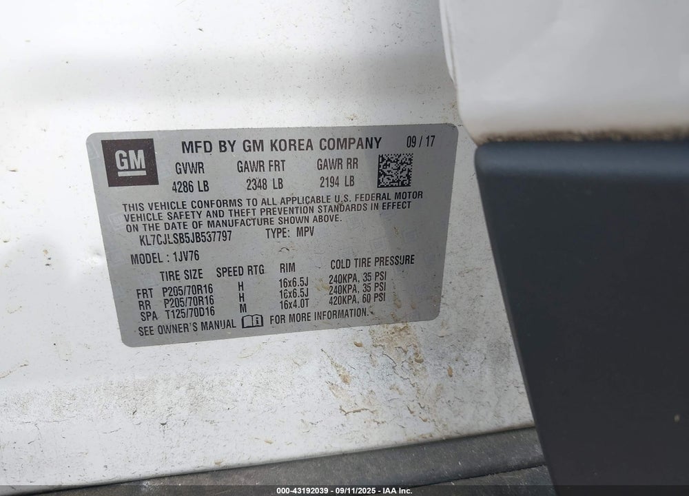 2018 CHEVROLET TRAX VIN: KL7CJLSB5JB537797