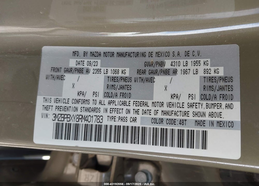 2024 MAZDA 3 VIN: 3MZBPBXY8RM401783