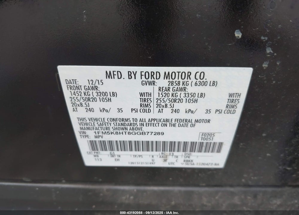 2016 FORD EXPLORER VIN: 1FM5K8HT8GGB77289