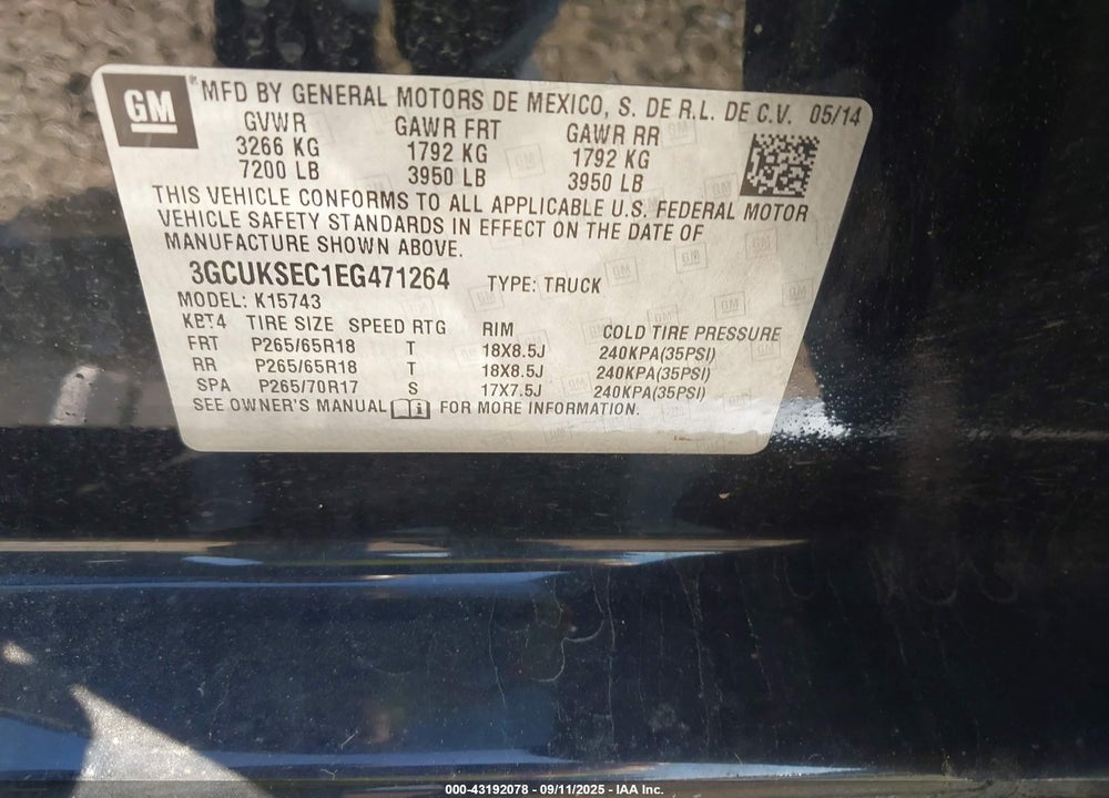 2014 CHEVROLET SILVERADO 1500 VIN: 3GCUKSEC1EG471264