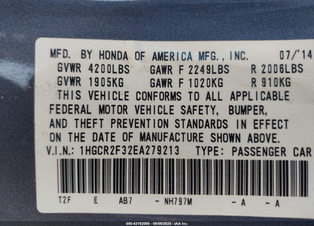 2014 HONDA ACCORD VIN: 1HGCR2F32EA279213