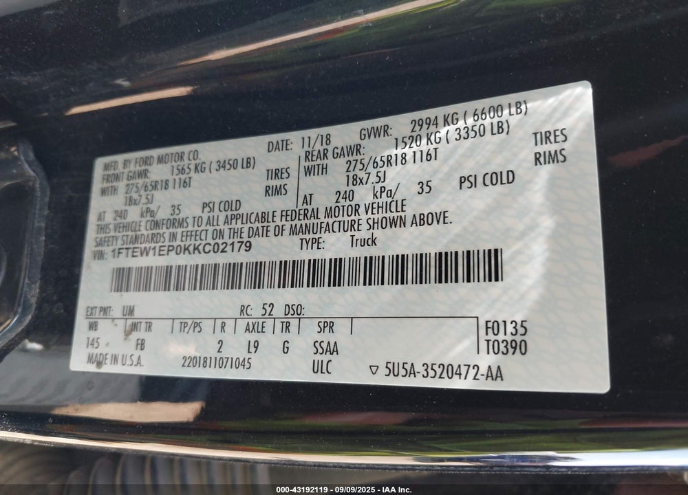 2019 FORD F-150 XLT VIN: 1FTEW1EP0KKC02179