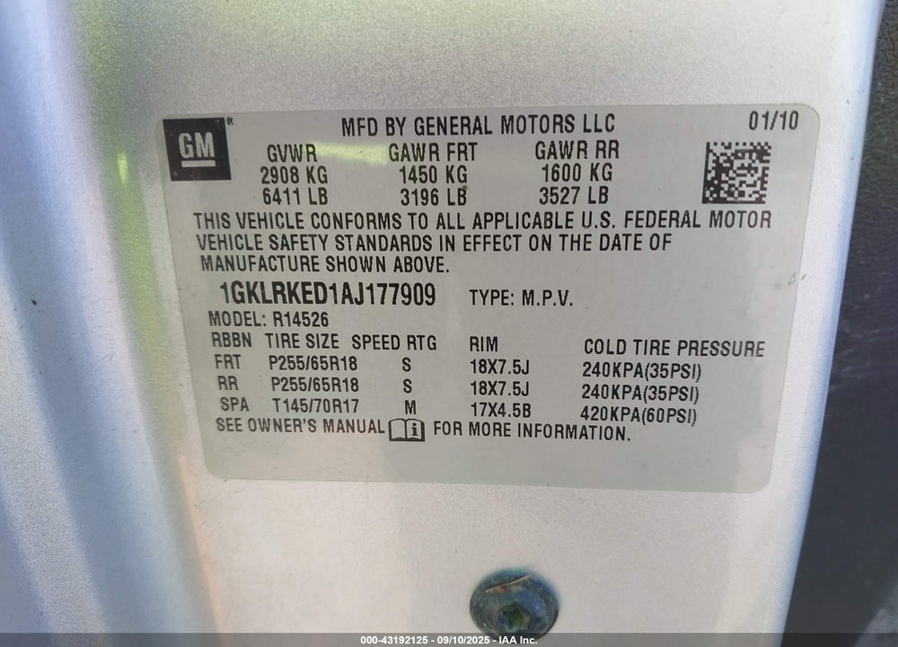 2010 GMC ACADIA VIN: 1GKLRKED1AJ177909