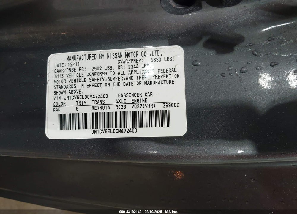 2012 INFINITI G37X VIN: JN1CV6EL0CM472400