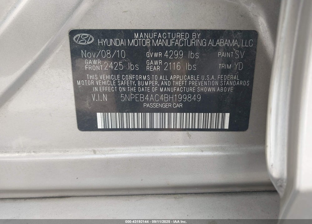 2011 HYUNDAI SONATA VIN: 5NPEB4AC4BH199849