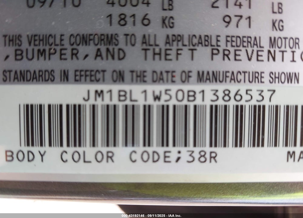 2011 MAZDA 3 VIN: JM1BL1W50B1386537