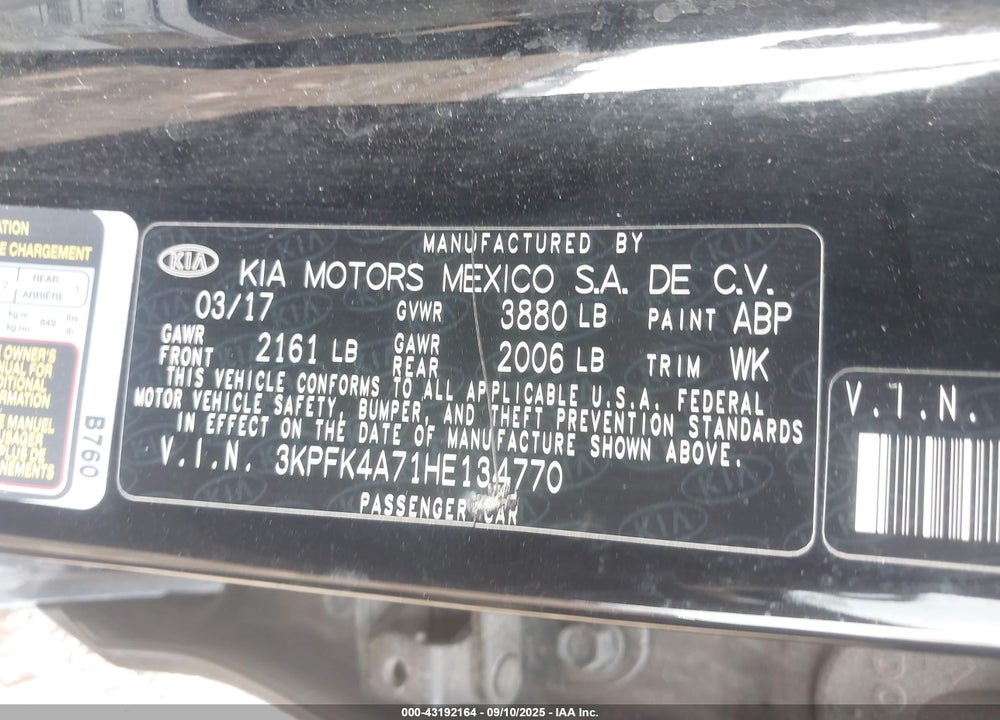 2017 KIA FORTE VIN: 3KPFK4A71HE134770