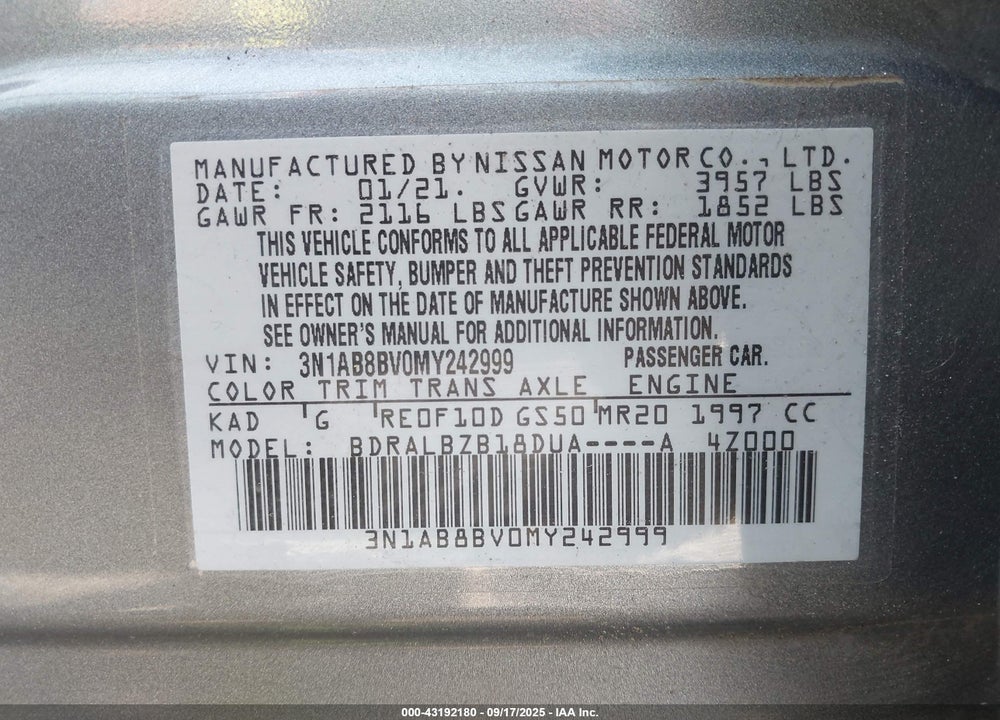 2021 NISSAN SENTRA S XTRONIC CVT VIN: 3N1AB8BV0MY242999