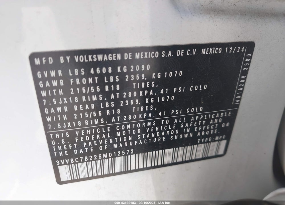 2025 VOLKSWAGEN TAOS VIN: 3VV8C7B22SM012573