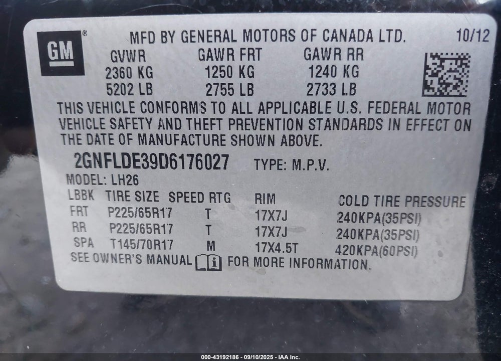 2013 CHEVROLET EQUINOX VIN: 2GNFLDE39D6176027