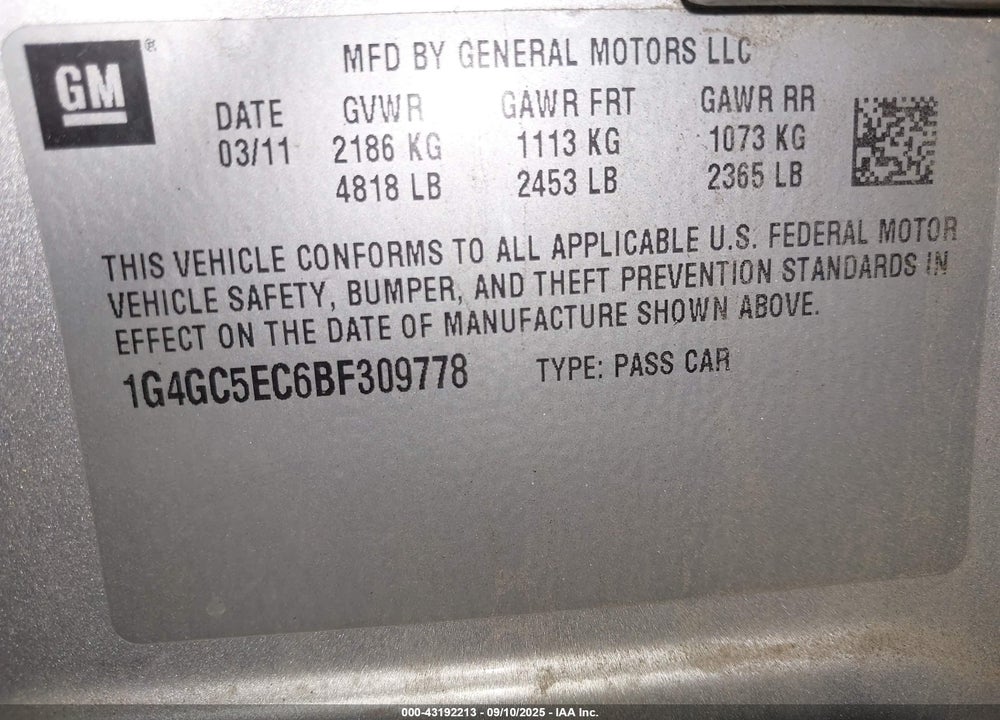 2011 BUICK LACROSSE CXL VIN: 1G4GC5EC6BF309778