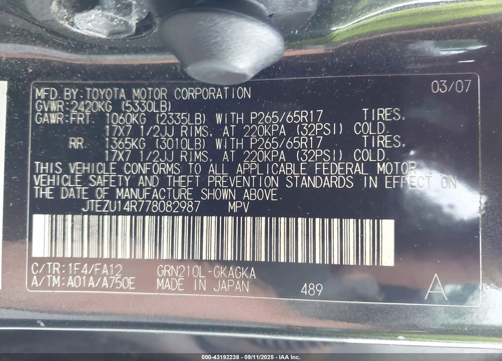 2007 TOYOTA 4RUNNER SR5 V6 VIN: JTEZU14R778082987