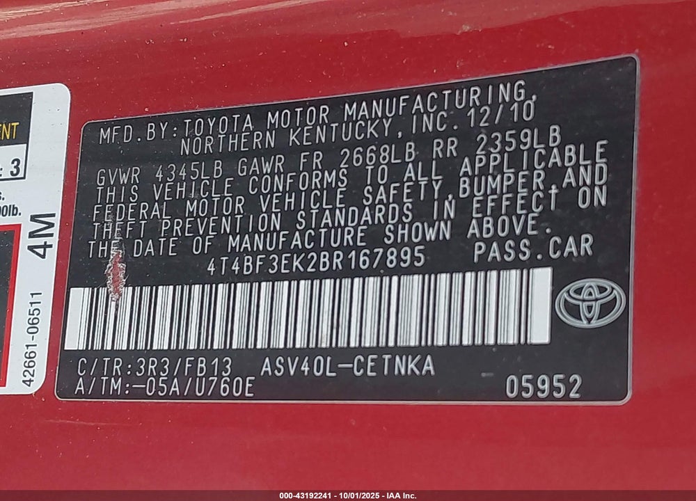 2011 TOYOTA CAMRY VIN: 4T4BF3EK2BR167895