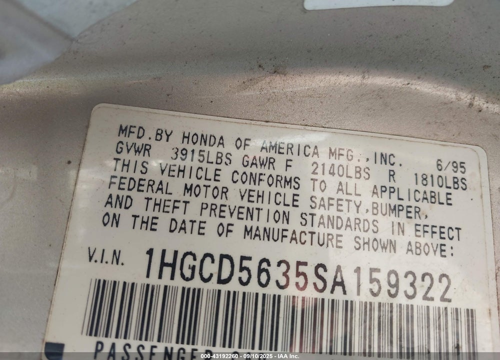 1995 HONDA ACCORD LX/EX VIN: 1HGCD5635SA159322