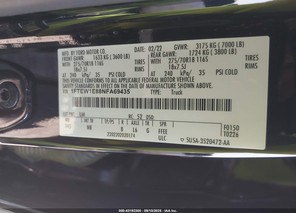 2022 FORD F-150 TREMOR VIN: 1FTEW1E88NFA69435