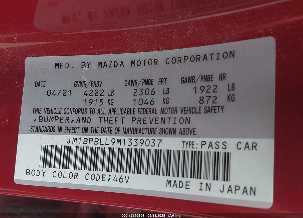 2021 MAZDA 3 VIN: JM1BPBLL9M1339037