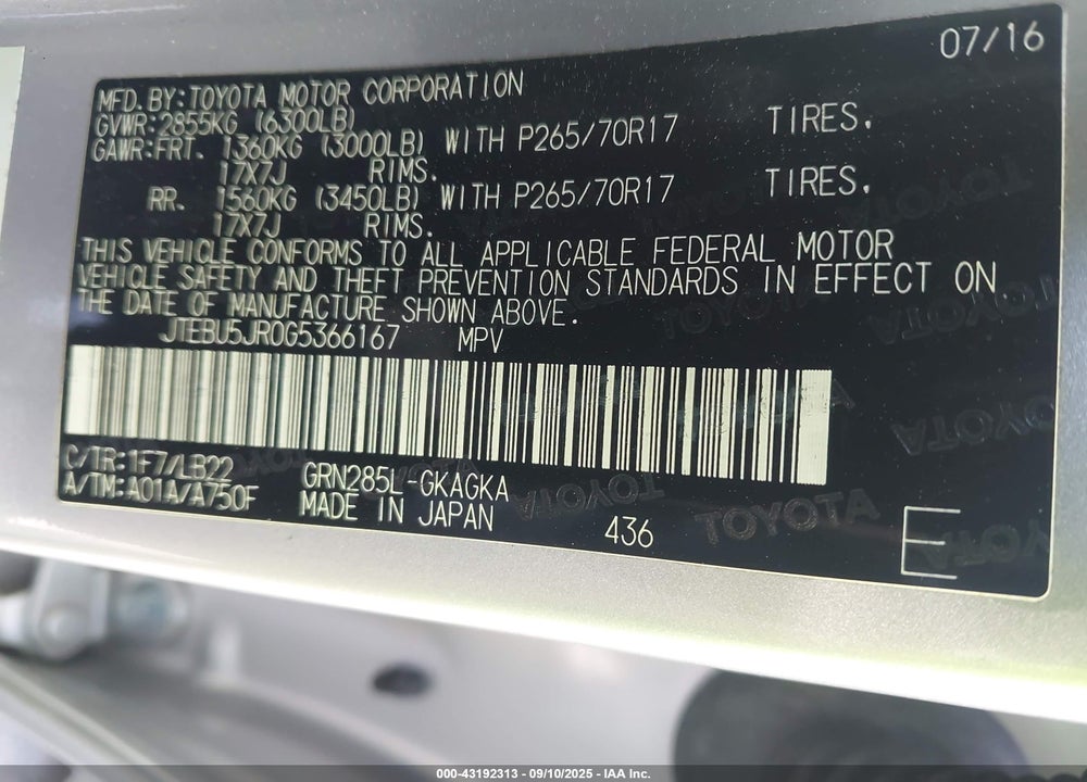 2016 TOYOTA 4RUNNER VIN: JTEBU5JR0G5366167