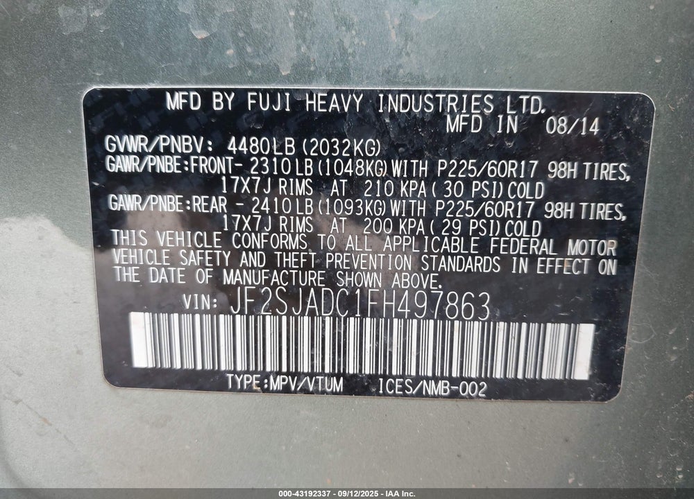2015 SUBARU FORESTER VIN: JF2SJADC1FH497863