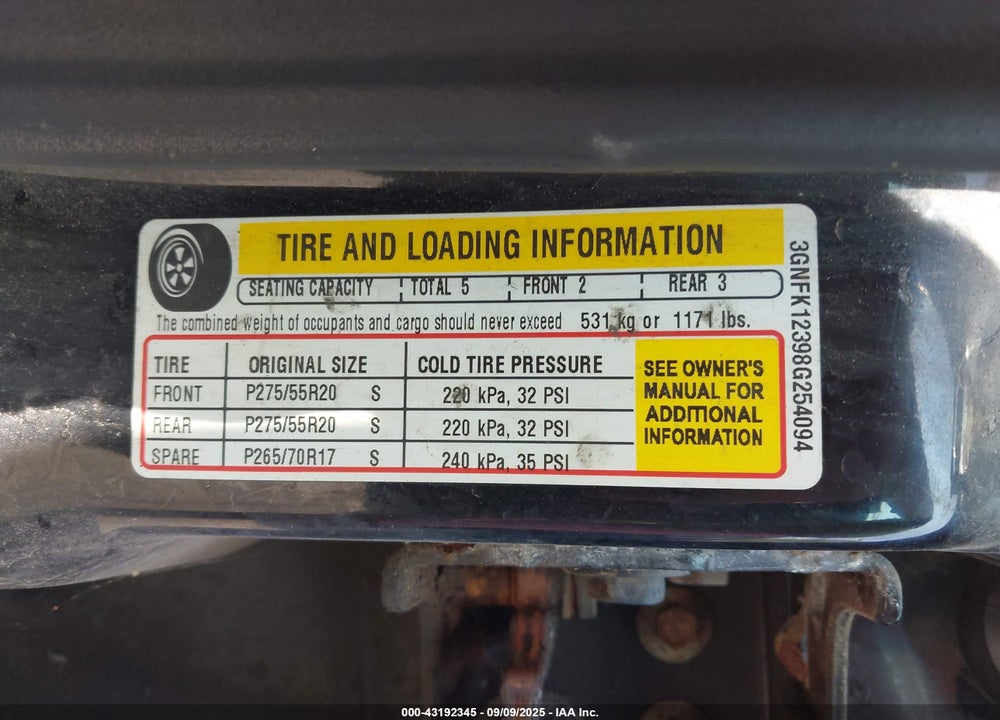 2008 CHEVROLET AVALANCHE 1500 LTZ VIN: 3GNFK12398G254094