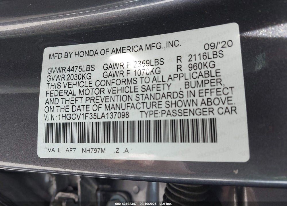 2020 HONDA ACCORD SPORT VIN: 1HGCV1F35LA137098