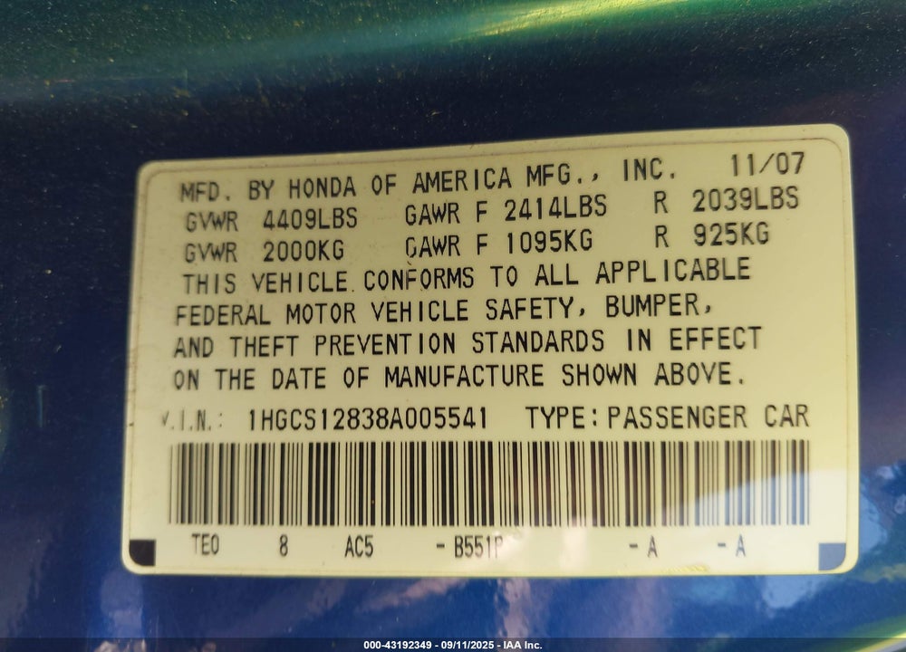 2008 HONDA ACCORD 2.4 EX-L VIN: 1HGCS12838A005541