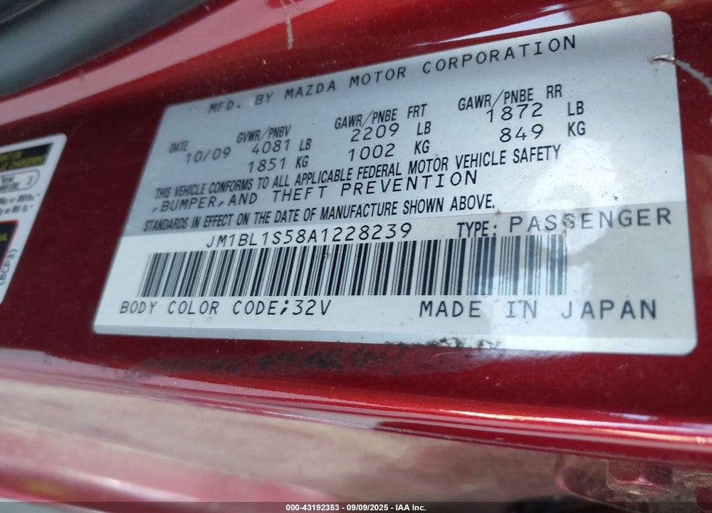 2010 MAZDA 3 VIN: JM1BL1S58A1228239