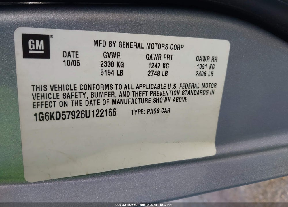 2006 CADILLAC DTS PERFORMANCE VIN: 1G6KD57926U122166