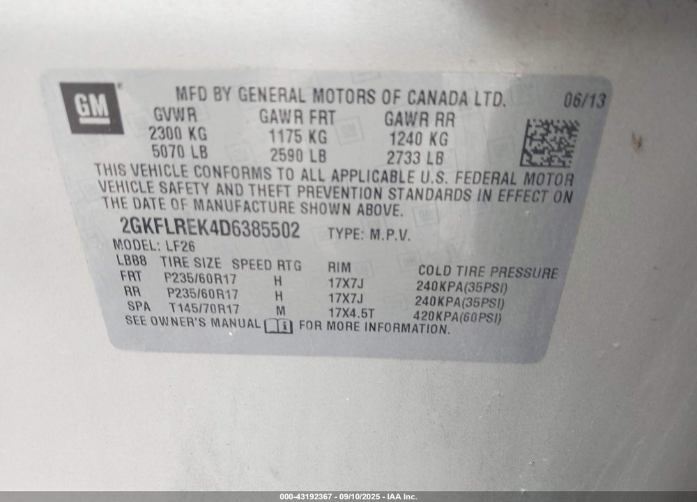 2013 GMC TERRAIN VIN: 2GKFLREK4D6385502