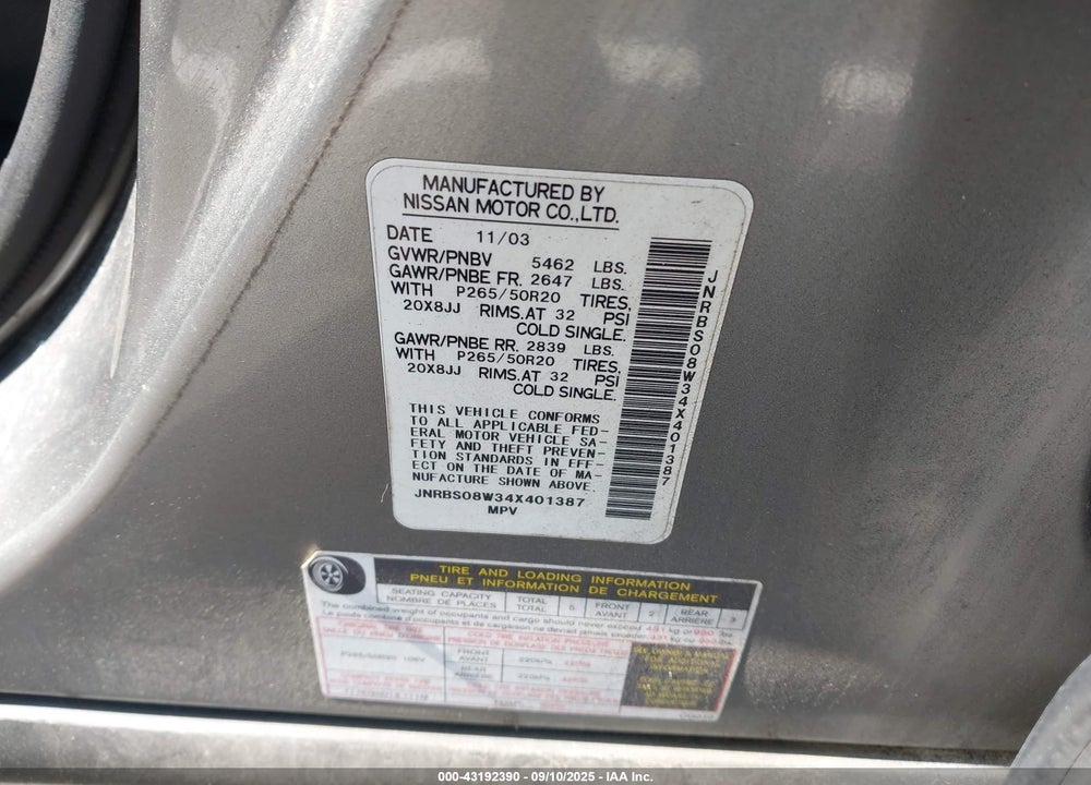 2004 INFINITI FX45 VIN: JNRBS08W34X401387