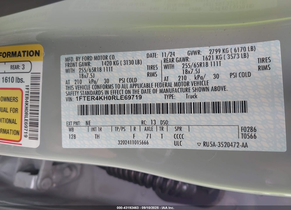 2024 FORD RANGER VIN: 1FTER4KH0RLE69719