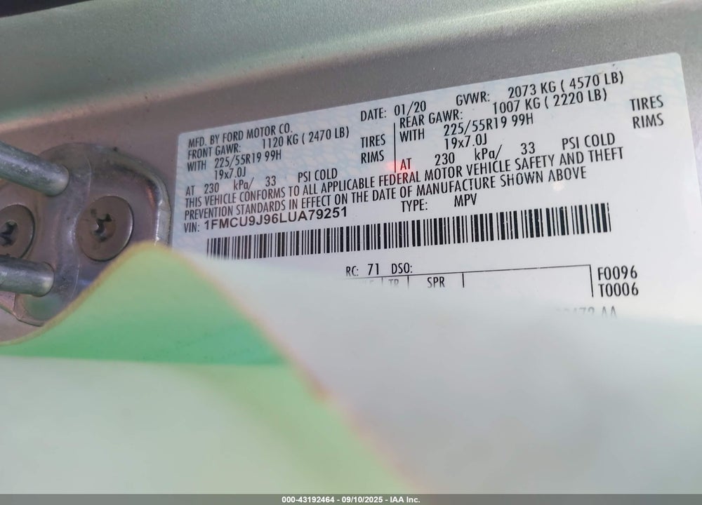 2020 FORD ESCAPE VIN: 1FMCU9J96LUA79251