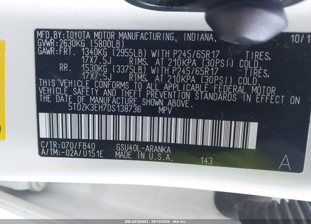 2013 TOYOTA HIGHLANDER VIN: 5TDZK3EH7DS138736