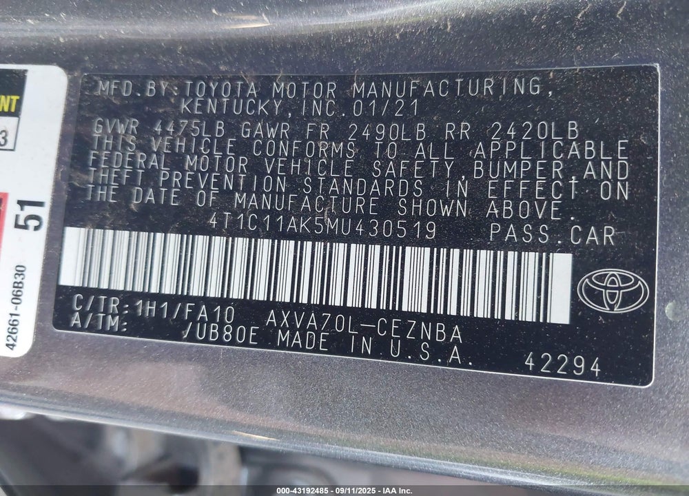 2021 TOYOTA CAMRY VIN: 4T1C11AK5MU430519