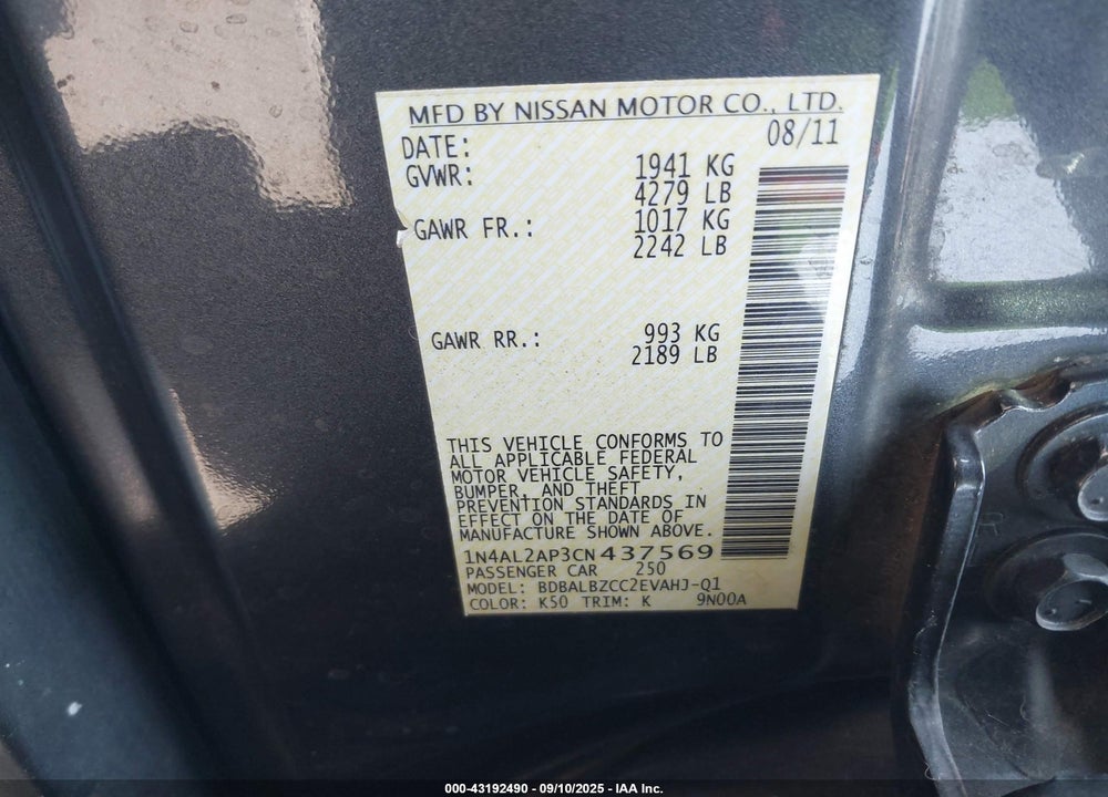 2012 NISSAN ALTIMA VIN: 1N4AL2AP3CN437569