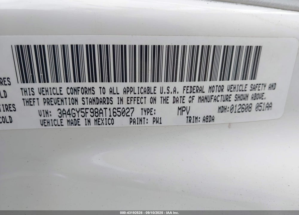 2010 CHRYSLER PT CRUISER VIN: 3A4GY5F98AT165027