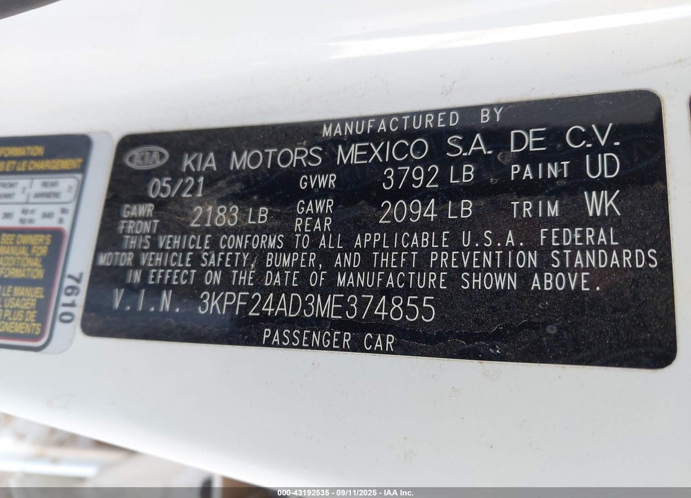 2021 KIA FORTE VIN: 3KPF24AD3ME374855