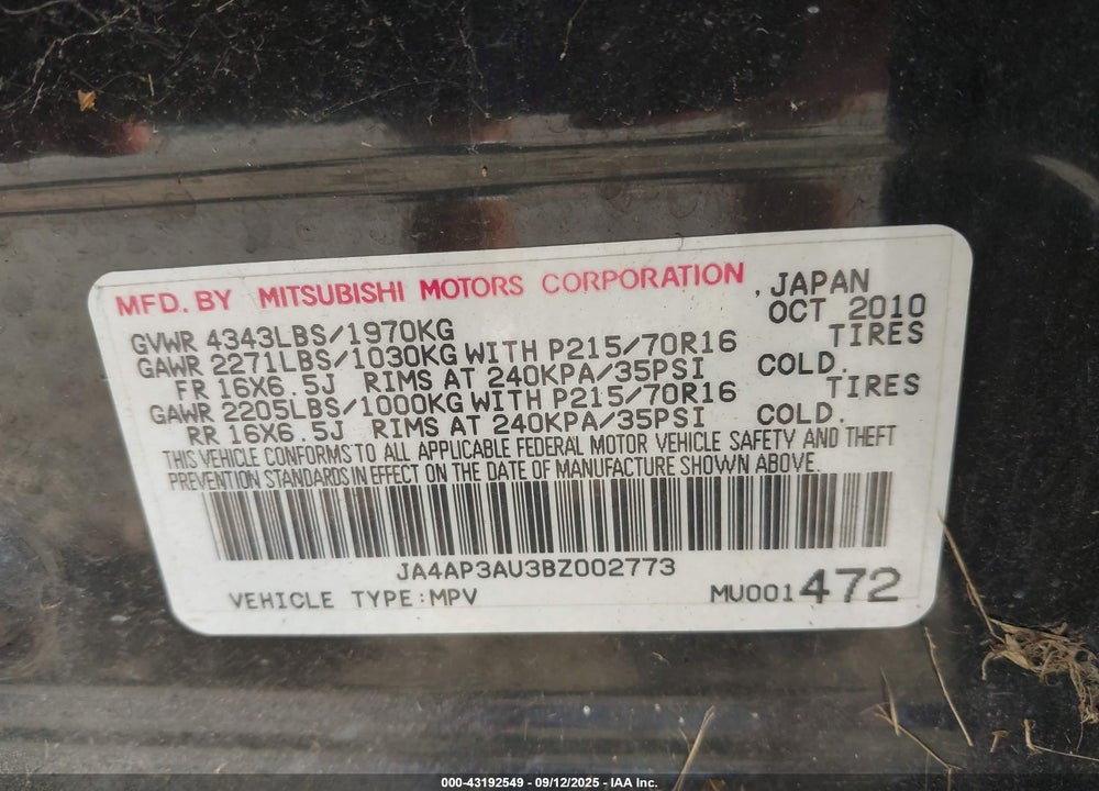 2011 MITSUBISHI OUTLANDER SPORT VIN: JA4AP3AU3BZ002773