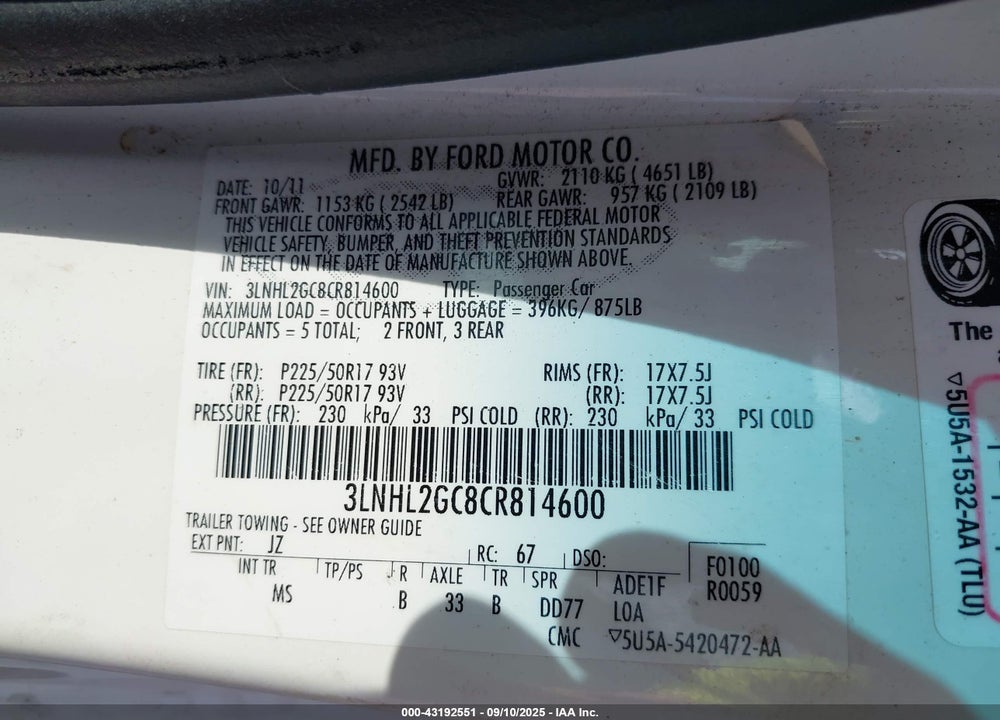2012 LINCOLN MKZ VIN: 3LNHL2GC8CR814600